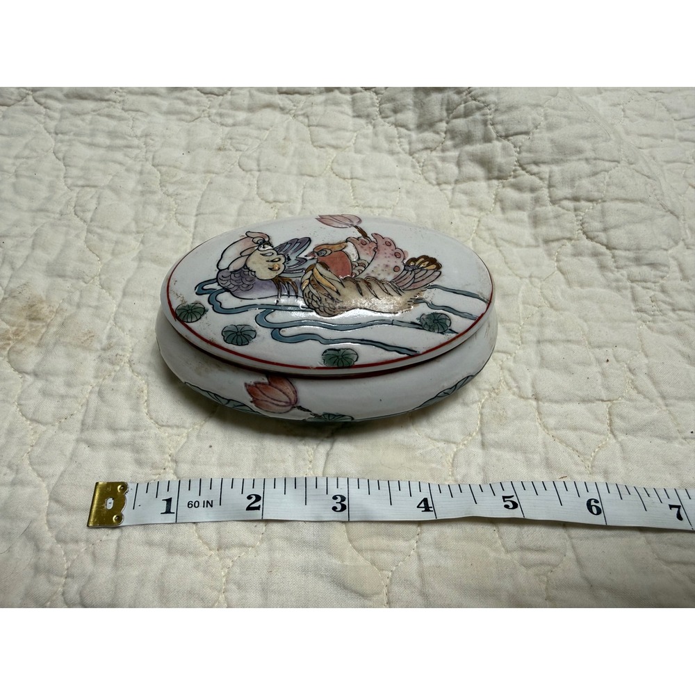 Vintage Dynasty Hand Painted Mandarin Duck Porcelain Oval TrinketBox Chinoiserie